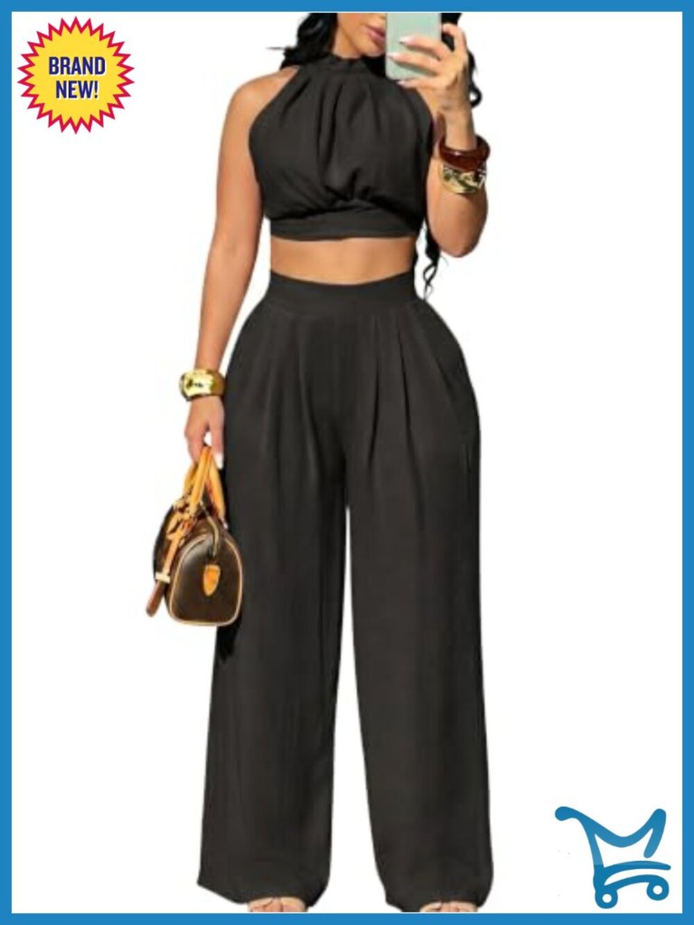 Women's 2 Piece Backless Crop Top Wide Leg Pants Set Halter Vacation